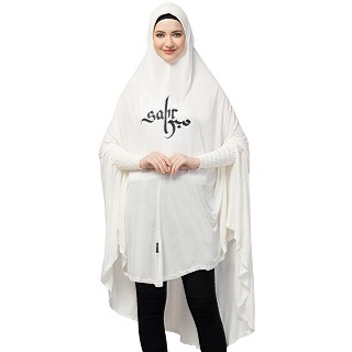Calligraphy printed stretchable Jersey prayer Hijab - White